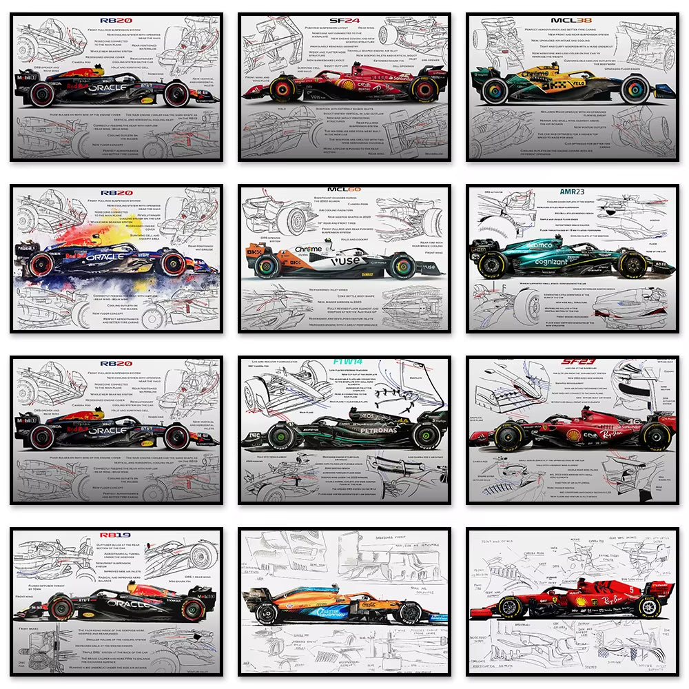 F1 Racing Technical Drawing Canvas Wall Art - Exploded View Poster for Home Decor & Men's Gift