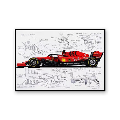 F1 Racing Technical Drawing Canvas Wall Art - Exploded View Poster for Home Decor & Men's Gift