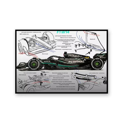 F1 Racing Technical Drawing Canvas Wall Art - Exploded View Poster for Home Decor & Men's Gift